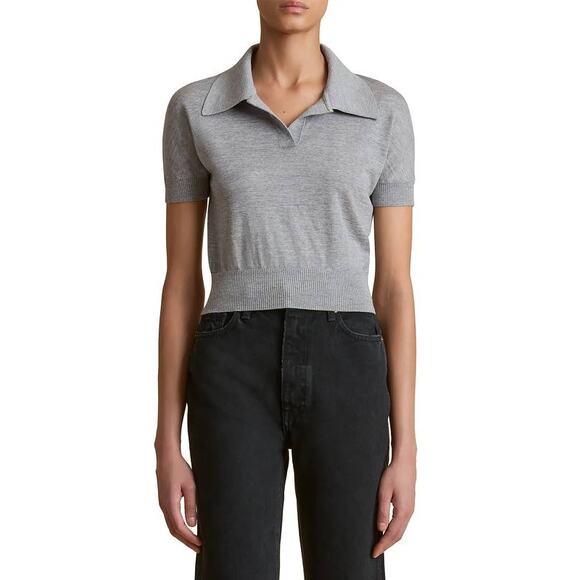 Khaite Morgane SS Collared Top in Mercury M - Picture 1 of 5